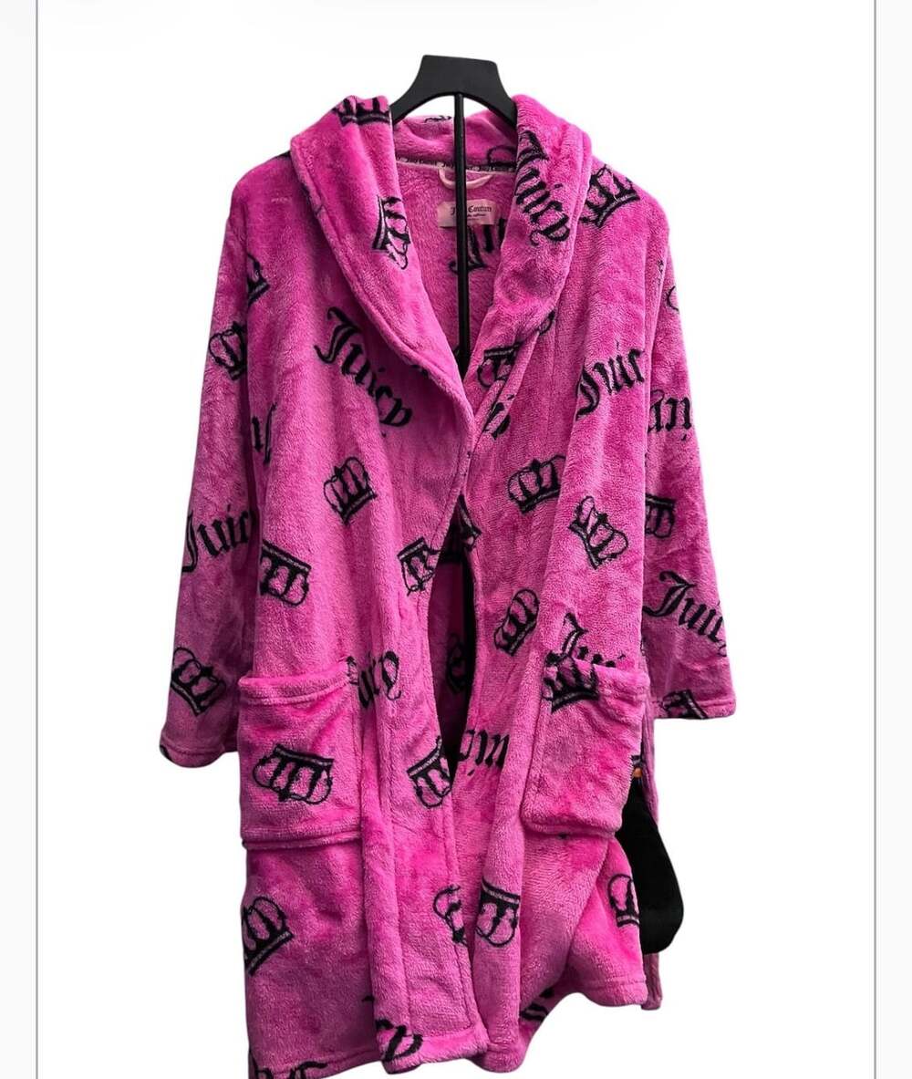 Juicy Couture Pink and Black Crown Monogram Plush Hooded Bathrobe